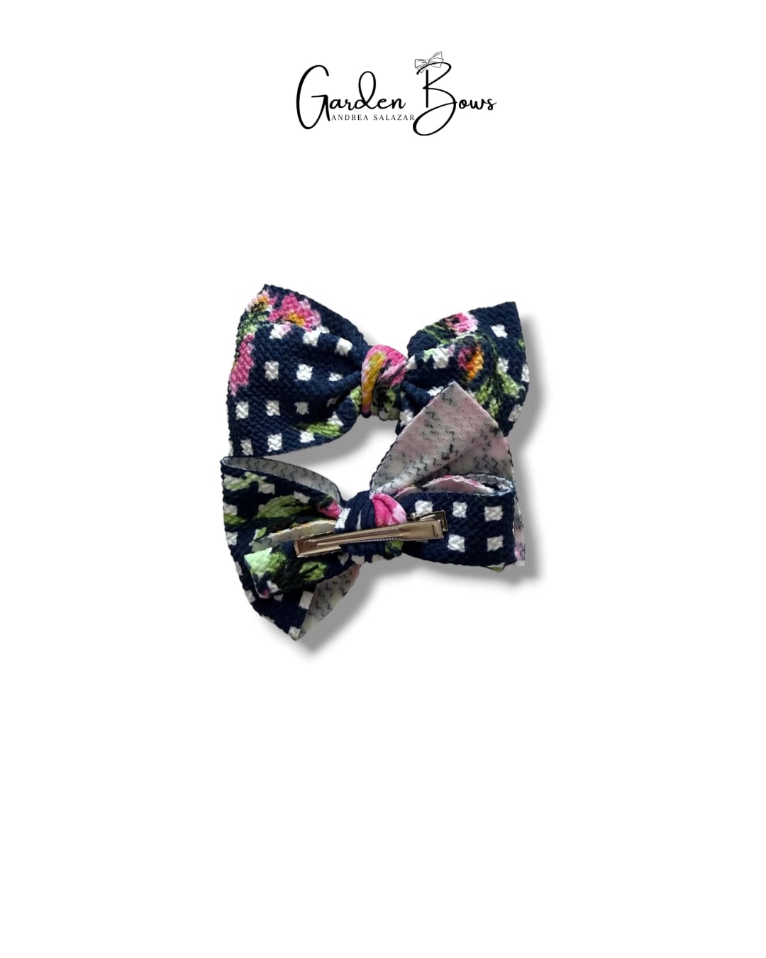 Navy Blue Floral Pigtail Bows