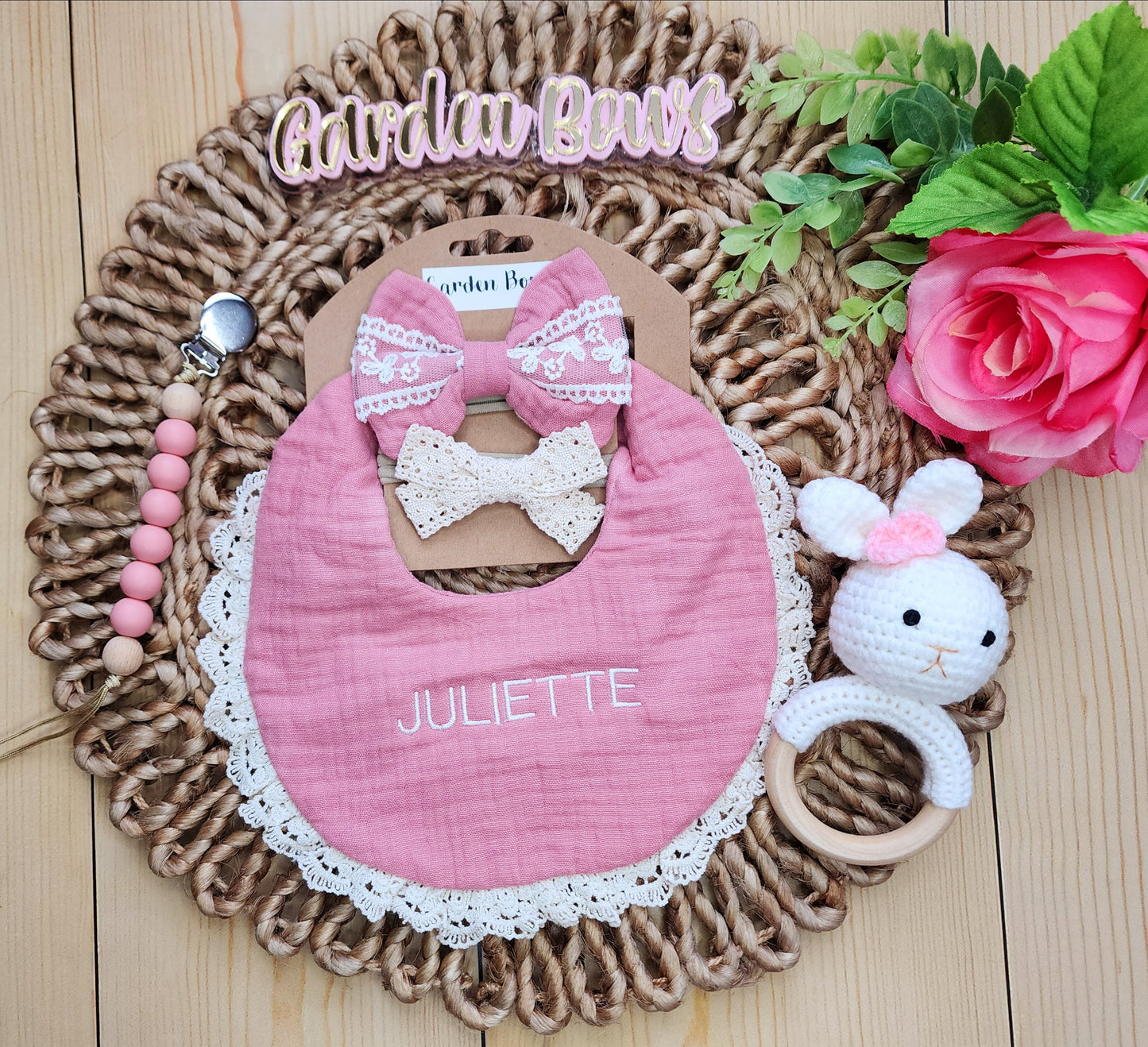 Personalized Embroidered Bib set with headbands