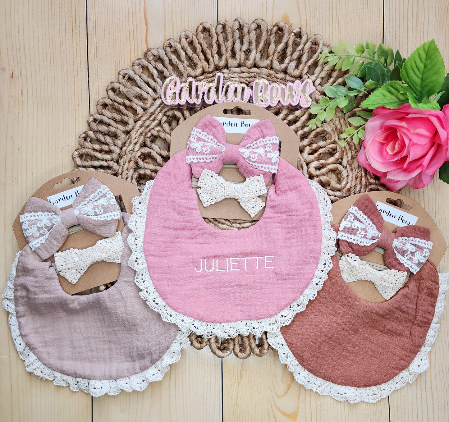 Personalized Embroidered Bib set with headbands