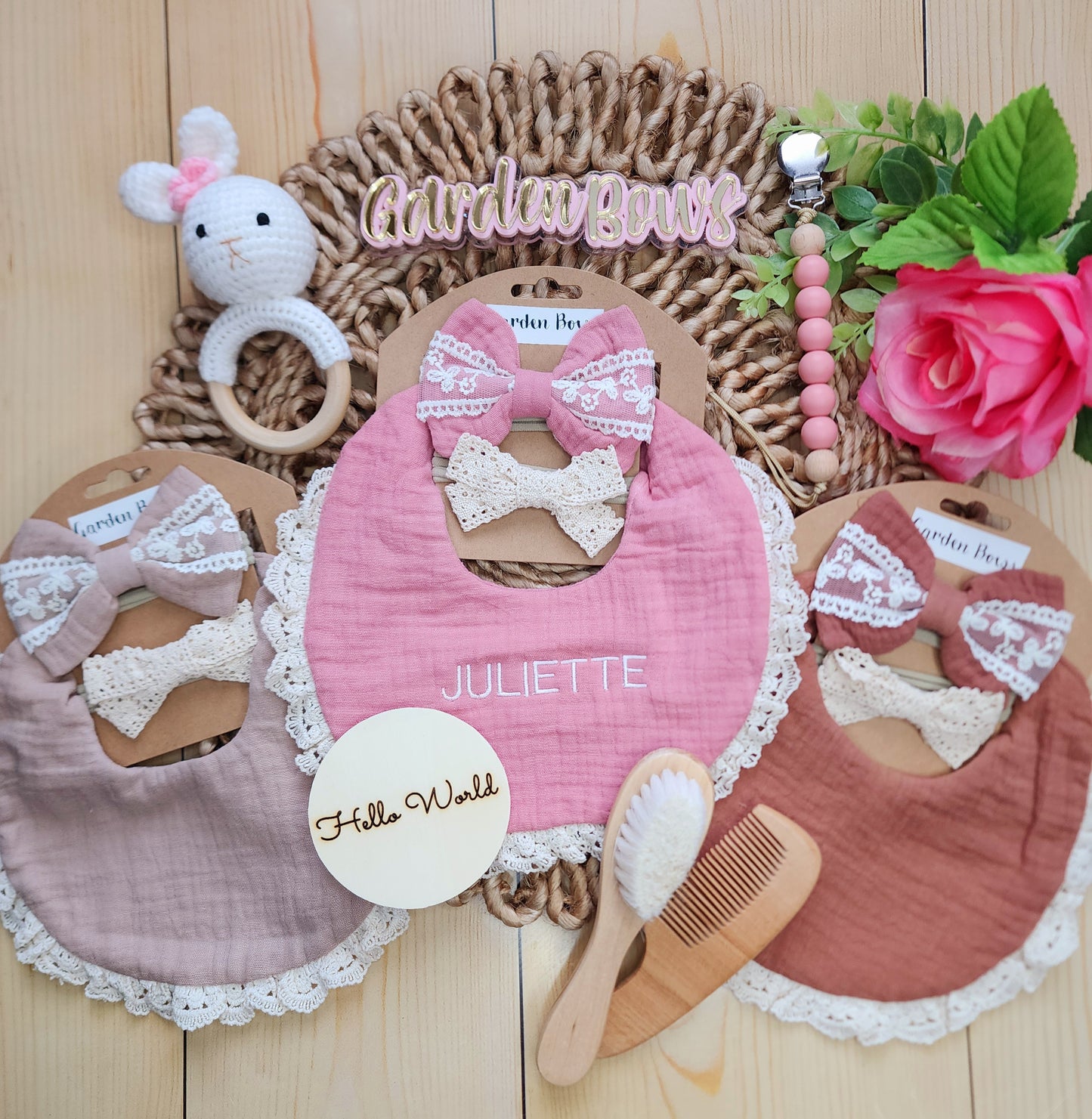 Personalized Embroidered Bib set with headbands